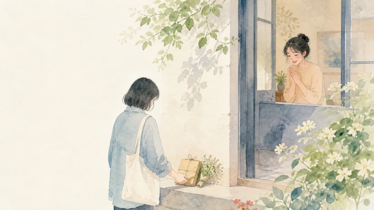 提布袋的人在花窗外放下一份包裹，窗内女子微笑注视