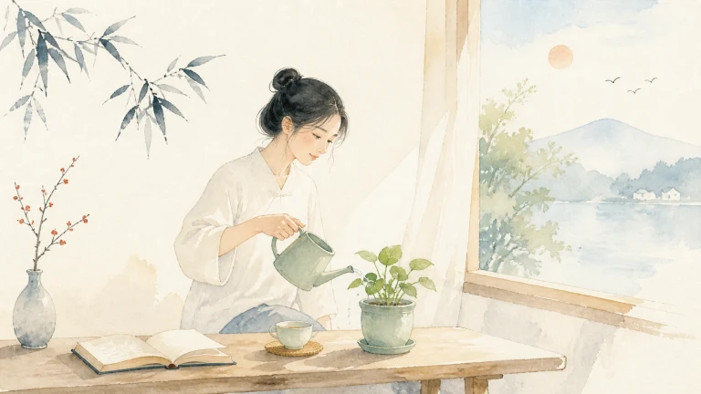 女子在窗边木桌旁给盆栽浇水，桌上摊着书，远处可见湖山