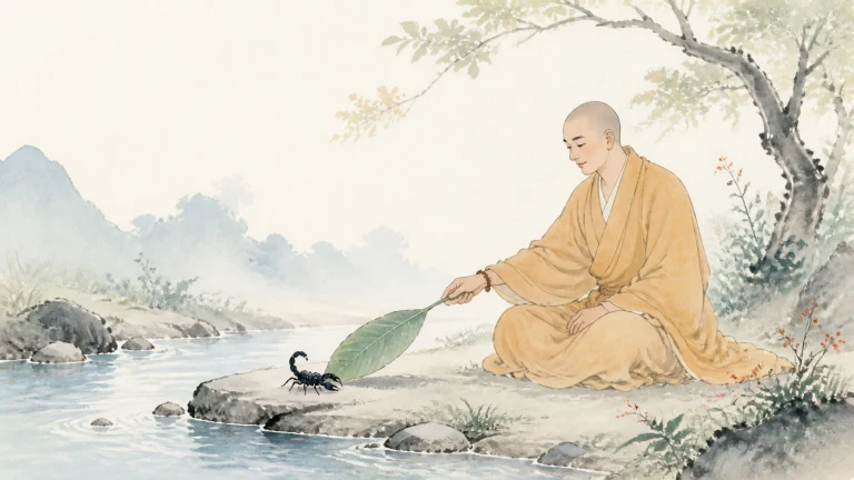 身着黄色长衣的光头男子坐在溪边，用绿叶靠近岩石上的黑色蝎子