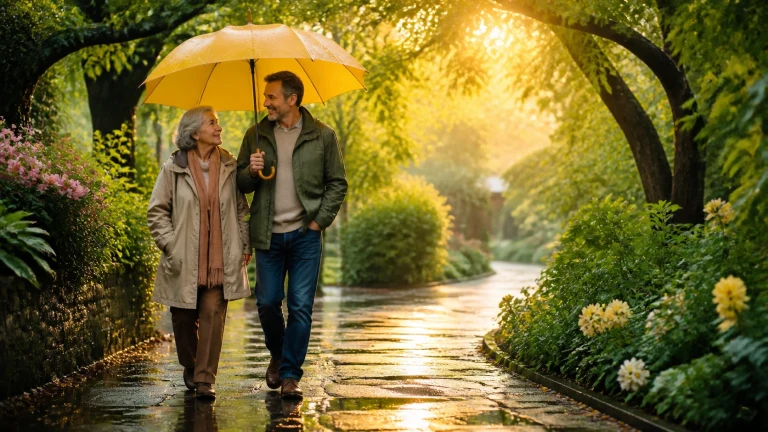 两人共撑黄色雨伞，走在夕阳映照的湿润花园小径上