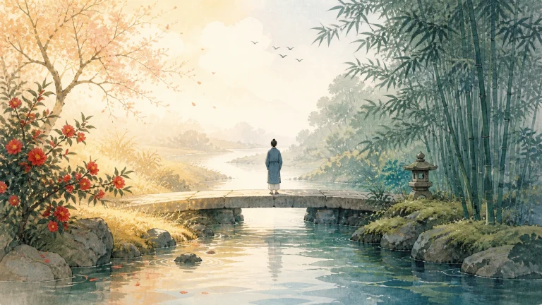 一人站在横跨清溪的石桥上，两岸生长着竹林与红花