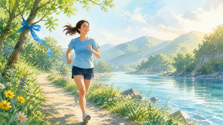 女子沿湖边花径跑步，树枝上系着一条飘动的蓝色丝带