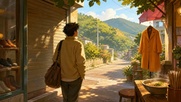 背包旅人从店铺走向山间村庄街道，门旁挂着橙色外套