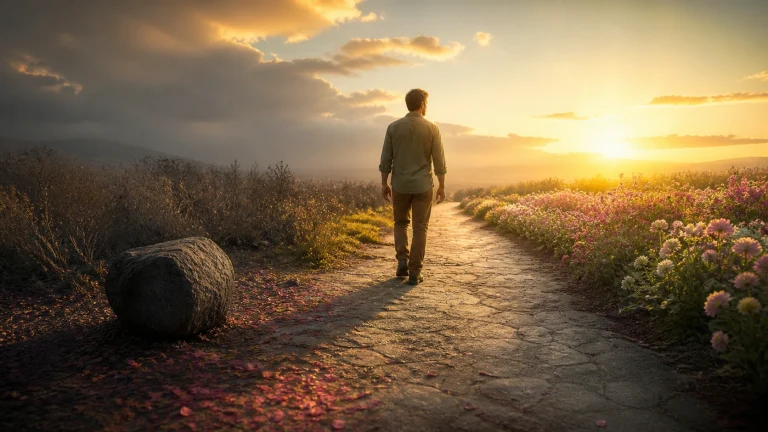男子沿夕阳小路前行，道路一侧是暗色灌木，另一侧盛开着鲜花