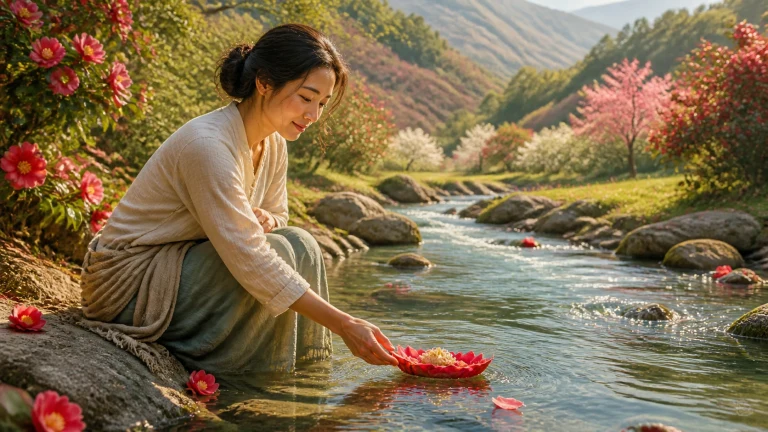 女子坐在山溪边，将一朵红色花轻轻放到水面上