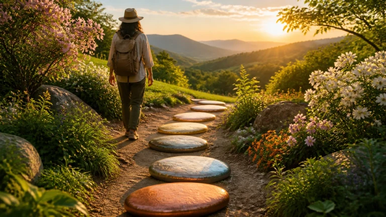 背包旅人沿花海中的巨大彩色踏石走向夕阳山谷