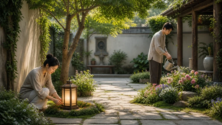 庭院里，女子俯身点亮地面灯笼，男子在一旁给花草浇水