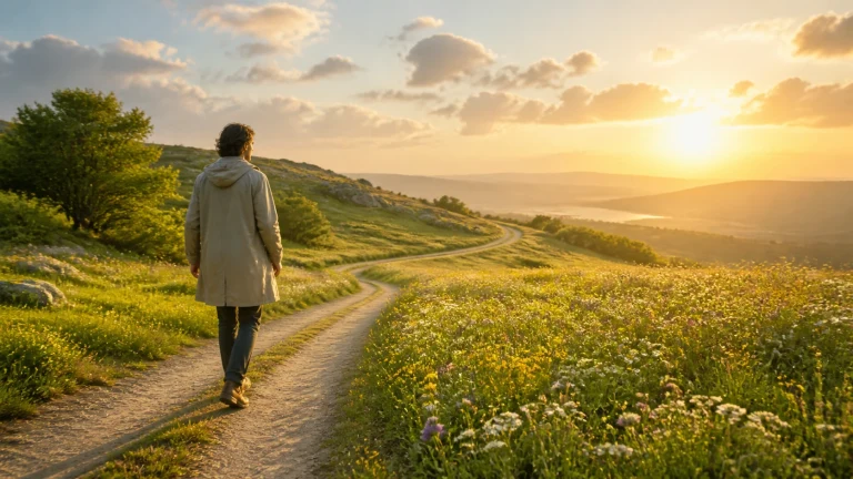 一人穿着长外套走在夕阳乡间土路上，两侧开满野花