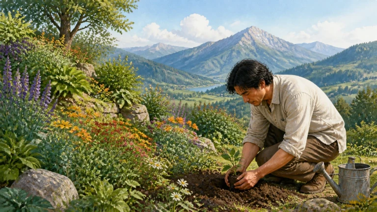 男子蹲在高山花园里栽种幼苗，旁边放着金属浇水壶