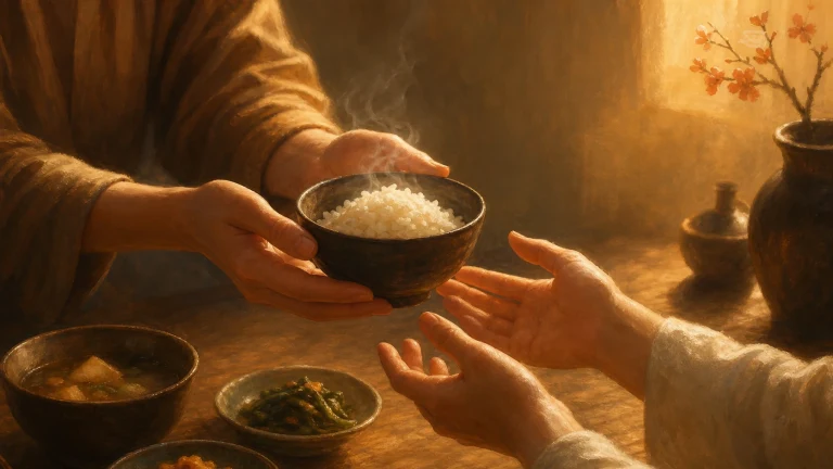 一双手把盛满白米饭的碗递给餐桌对面的人