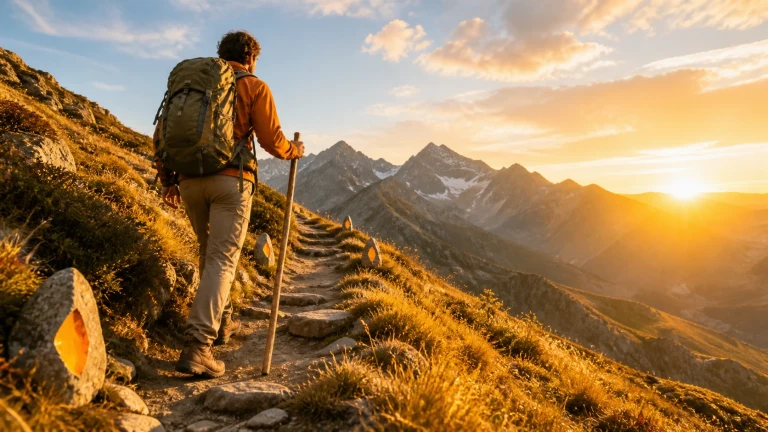 背包男子拄杖攀登夕阳山脊石阶，路旁岩石绘有红黄标记