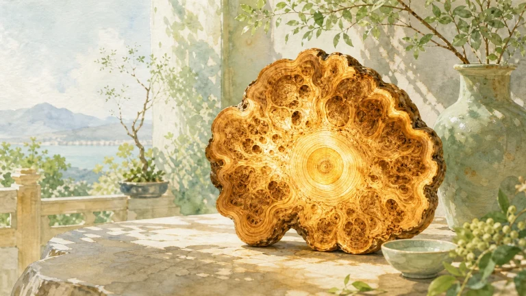 一块呈扇形纹理的树瘤木切片竖立在阳光露台的桌面上