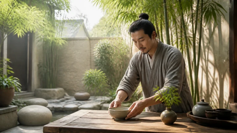长发男子在竹林庭院的木桌前双手端碗准备茶饮
