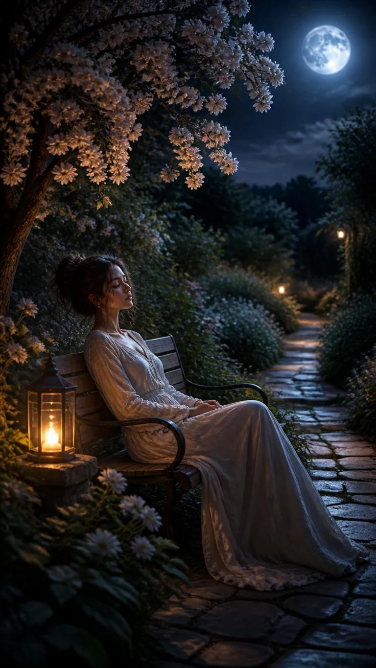 女子坐在开满夜花的园中长椅，脚边亮着一盏灯笼