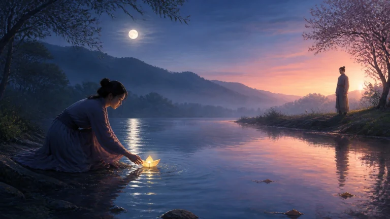 月夜湖边，女子俯身放出发光纸船，对岸站着一道人影