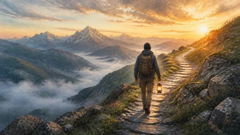 背包旅人手提灯笼走过高山石径，迎向云海上方的日出