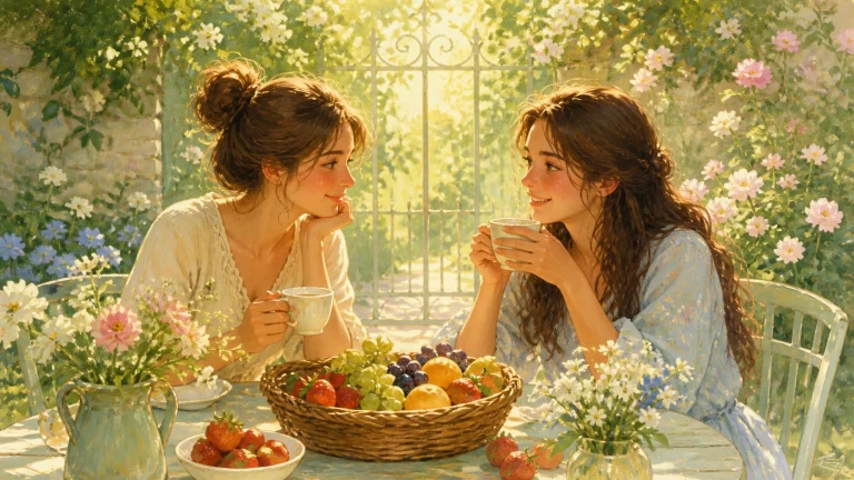 两名年轻女子在花园早餐桌旁端杯交谈，桌上放着水果篮和鲜花