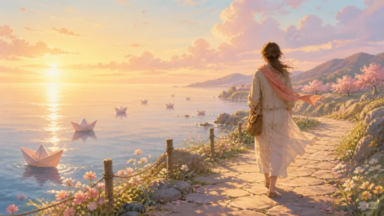 女子沿夕阳湖岸花径前行，水面漂着一串纸船
