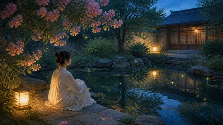 女子坐在夜色庭院池边，灯笼与萤火虫映亮花树和水面