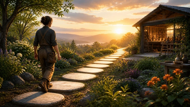 女子沿花园中的圆形踏石走向夕阳下的木屋