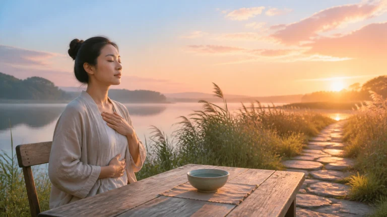 女子坐在夕阳湖边木桌旁，一手轻按胸口，桌上放着一只碗
