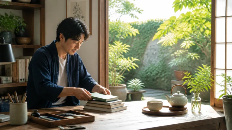 男子坐在庭院窗边书桌前整理书本，桌上摆着文具与茶具