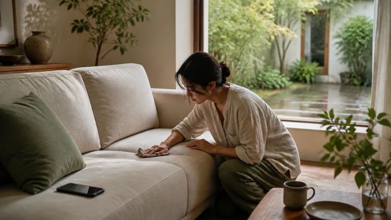 女子俯身擦拭浅色沙发坐垫，旁边放着一部黑色手机