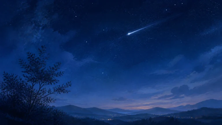 深蓝夜空中一颗流星掠过远山，山谷灯火微微闪烁