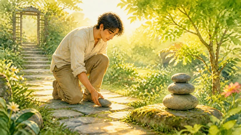 男子跪在花园石径上摆放圆石，旁边立着一座三层石堆