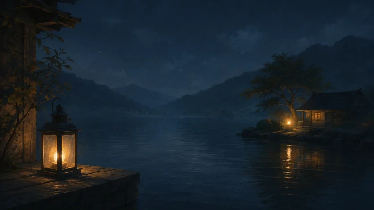 深夜山湖边亮着一盏灯笼，对岸小屋映出微弱灯光