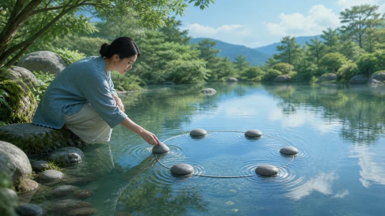 女子蹲在清澈池塘边，将圆石摆成水面上的一圈