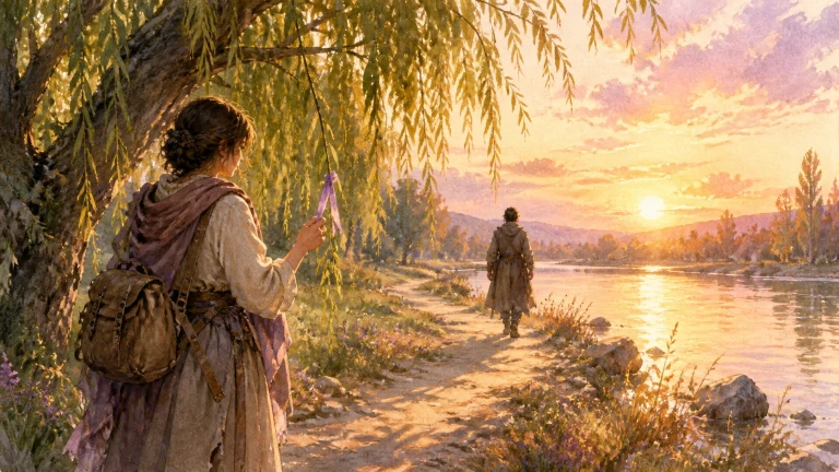 背包女子站在湖边柳树下，望着一名旅人沿落日小径远去
