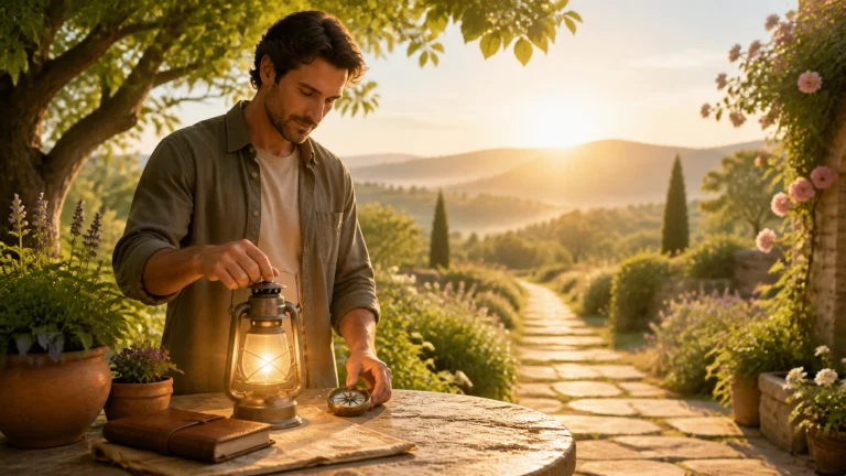 男子在夕阳花园桌上点亮一盏灯笼，旁边放着指南针