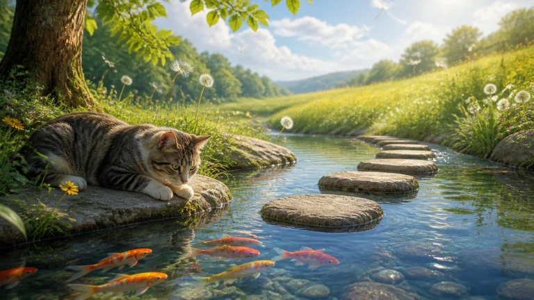 虎斑猫趴在溪边岩石上，注视水中游动的彩色鱼群与踏石