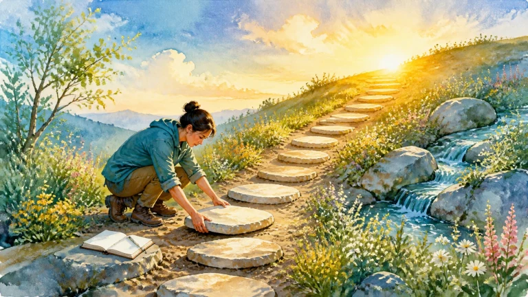 女子蹲在山坡小径上调整圆形踏石，身旁摊着一本书
