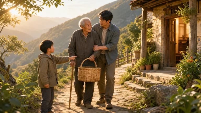 山屋外，年轻男子搀扶拄杖老人，男孩提着藤篮走在旁边