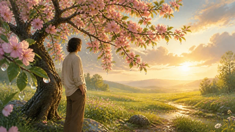 一人站在开花的大树下眺望夕阳照亮的原野