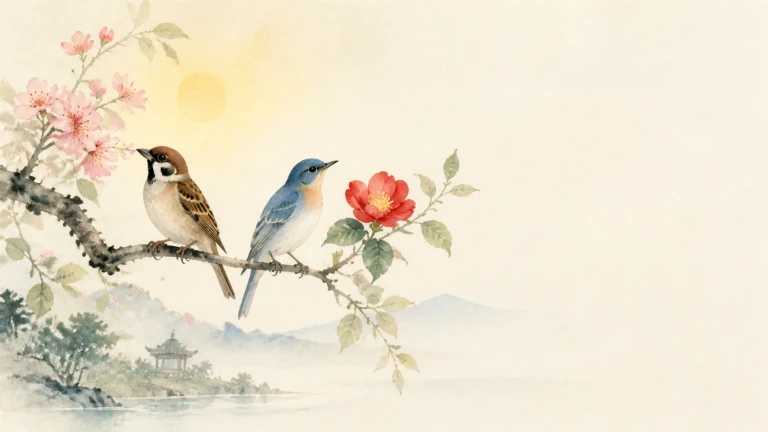 两只小鸟停在花枝上，远处是淡墨山水