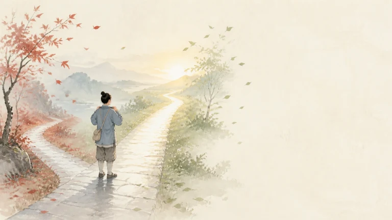 一人走在红叶与绿树之间分岔的水墨小路上