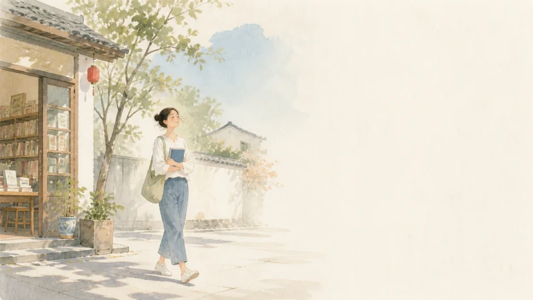 一名女子提着包走过淡彩水墨风的临街店铺