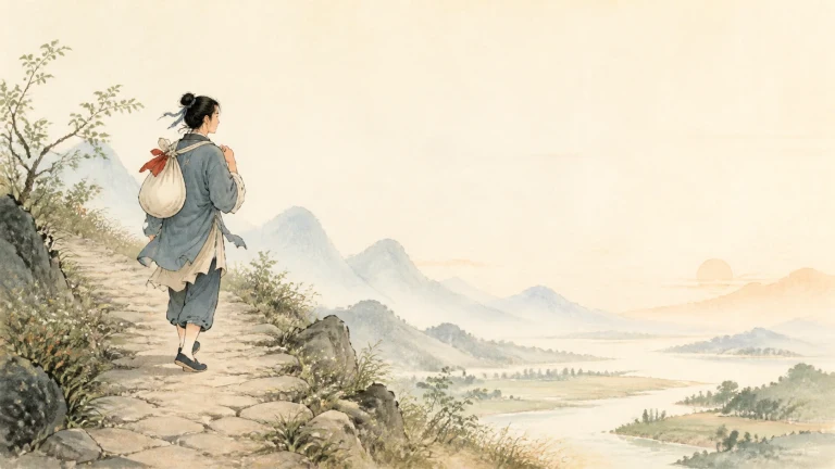 一名背着包的女子沿山间石径向远处行走