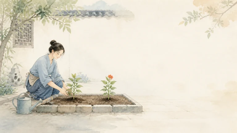 一名女子蹲在水墨庭院的花圃旁栽种植物