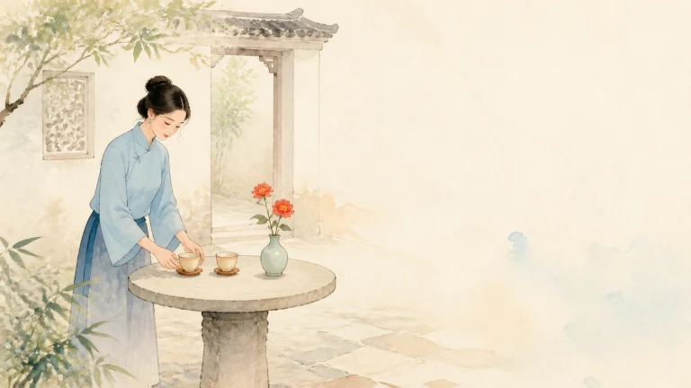 一名女子在淡雅庭院的石桌上摆放茶具