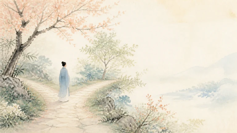 一人独自走在春树与薄雾环绕的山间小路上