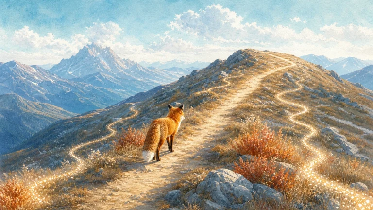 一只红狐沿阳光照亮的高山脊线行走