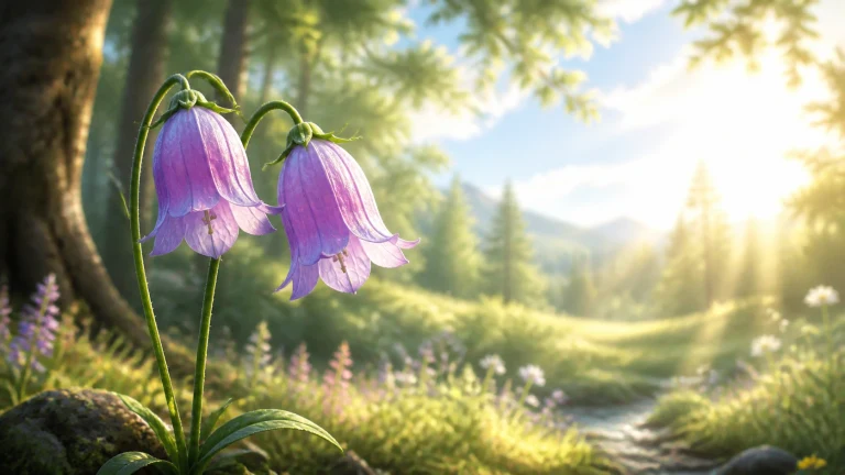 两朵紫色钟形花垂在晨光中的林间草地上