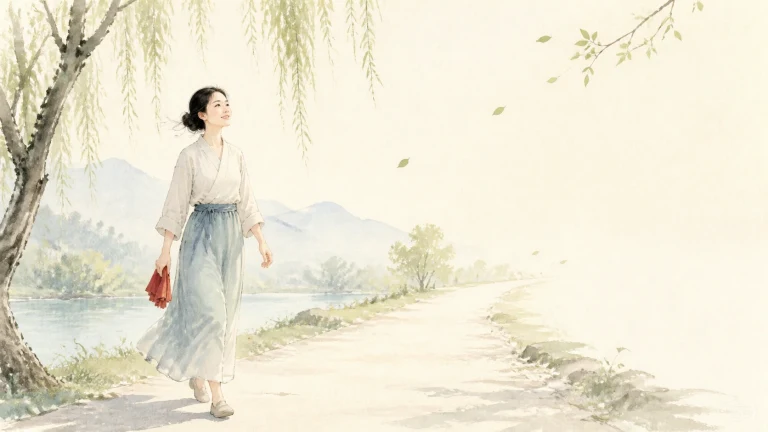 一名女子提着红色布袋走在柳树下的湖畔小路上