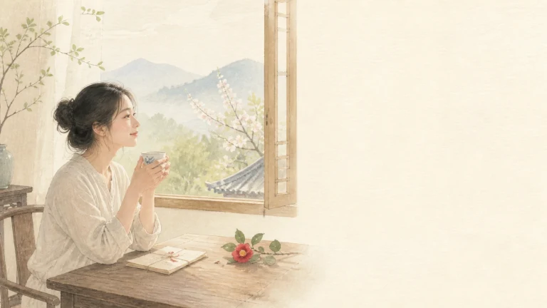 一名女子坐在窗边木桌前捧杯望向远山