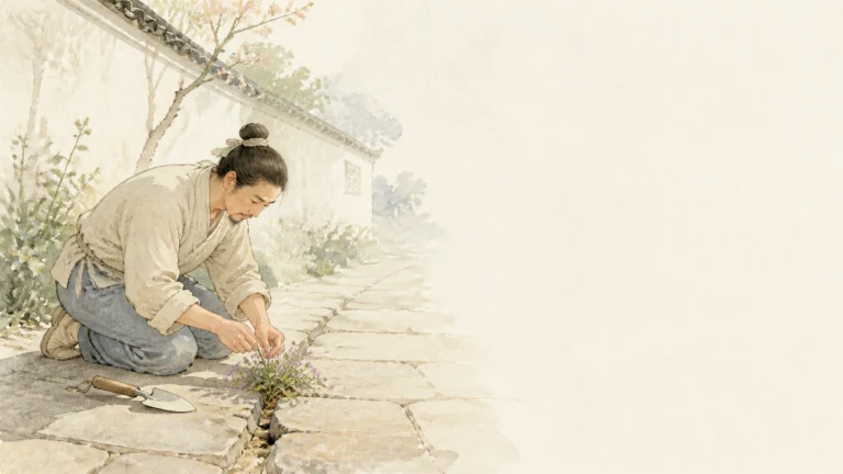 一名女子蹲在石板路裂缝旁栽种小草
