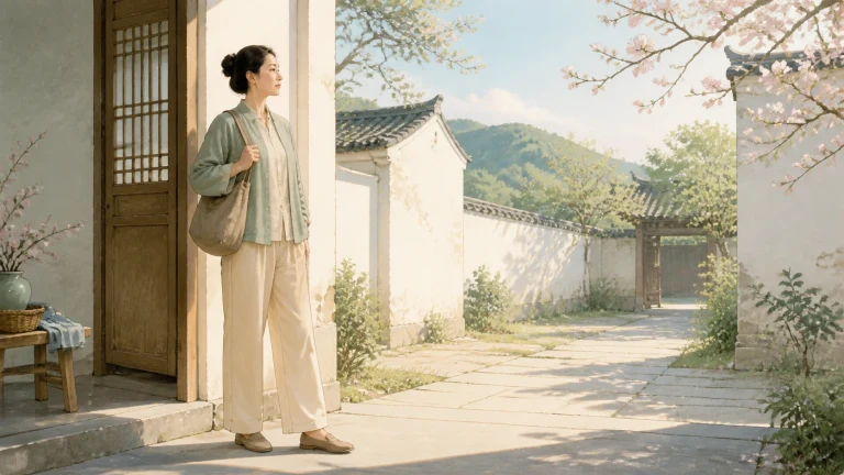 一名女子背着包站在春日院门前望向小巷